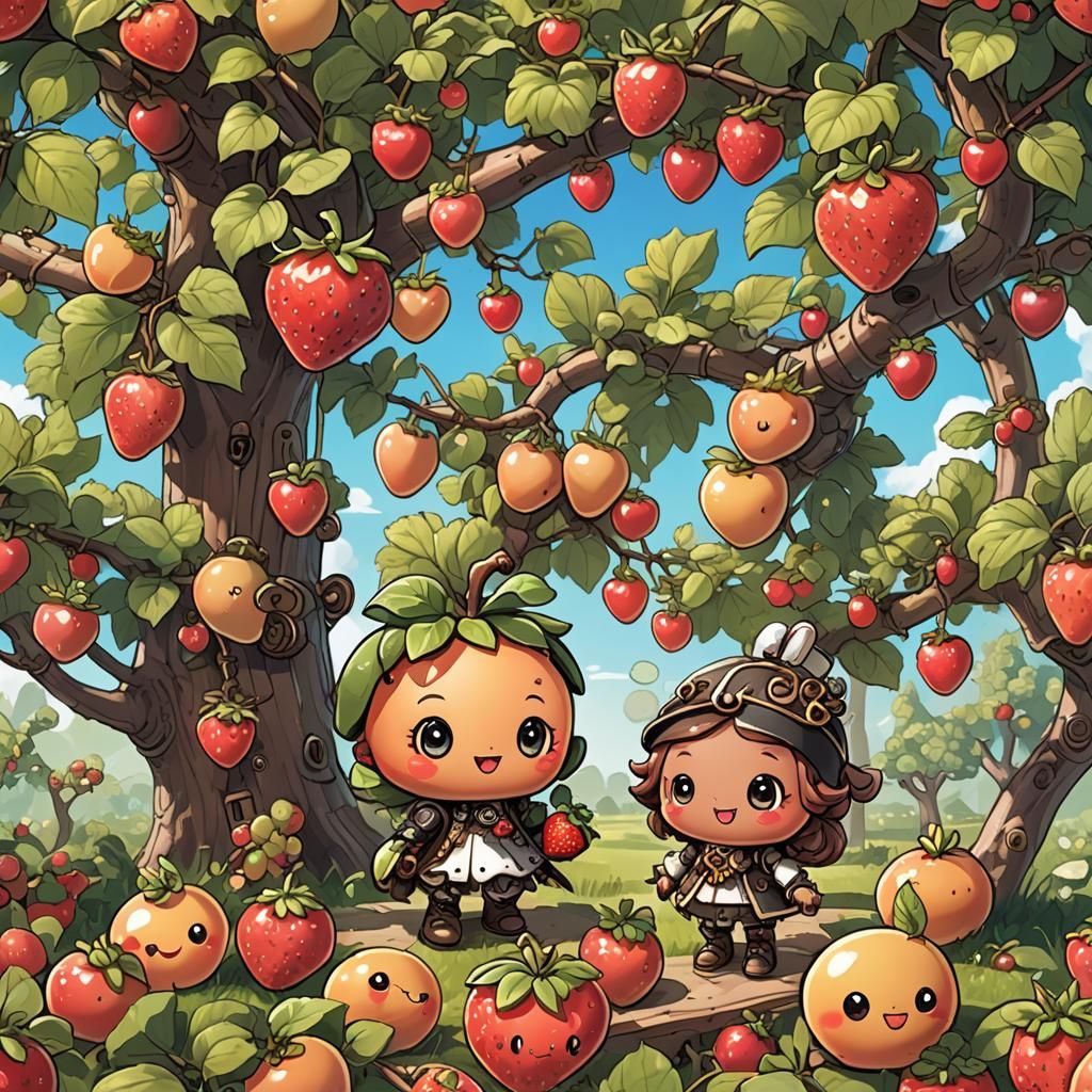 Kawaii Fruits in Orchard with Steampunk Engine