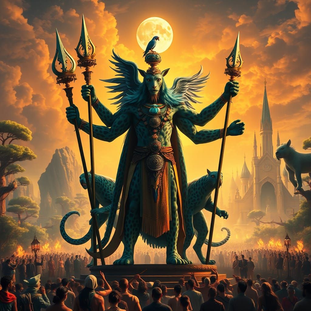 Majestic Leopard Shaman in Dreamlike Cityscape