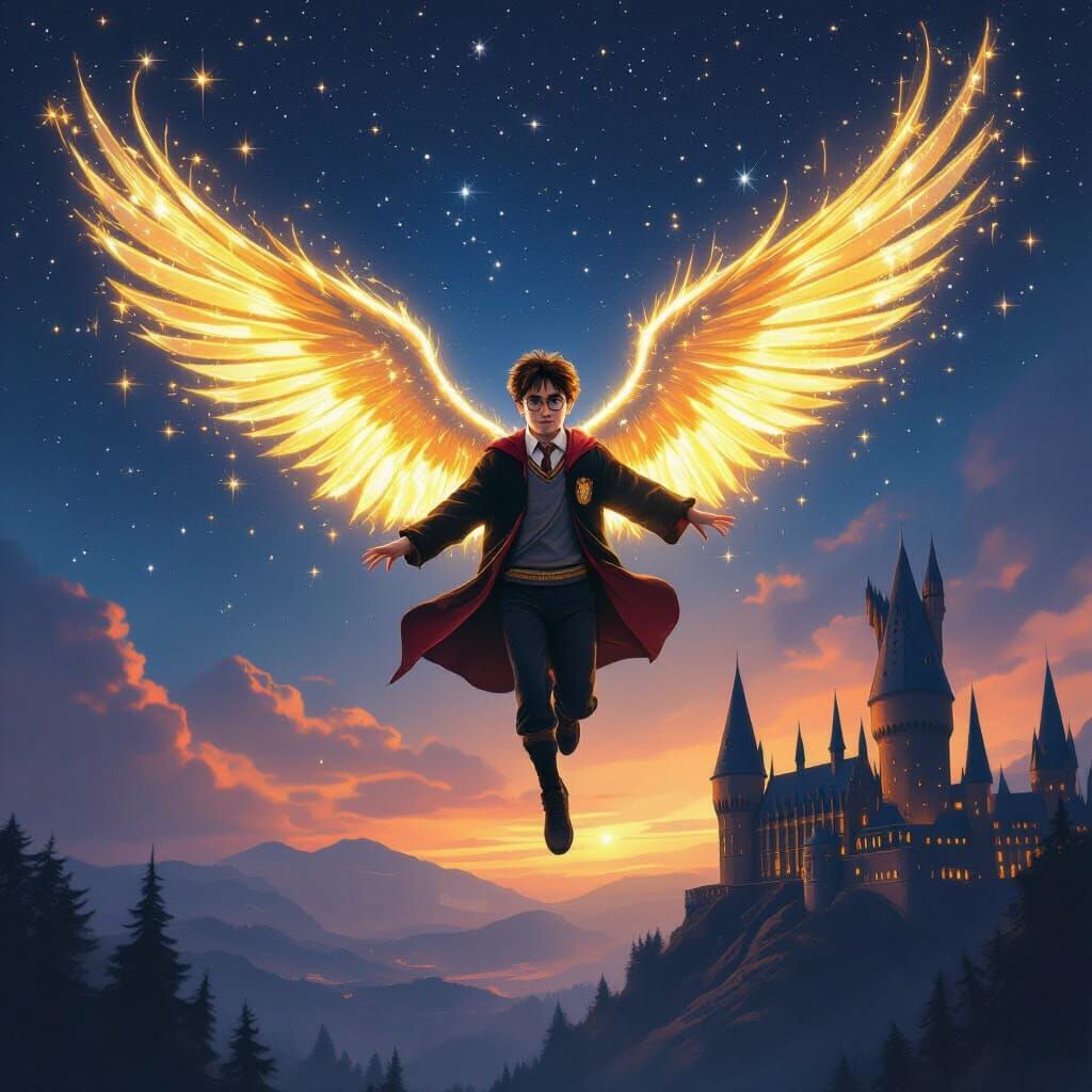 Harry Potter Soars with Golden Wings Above Hogwarts