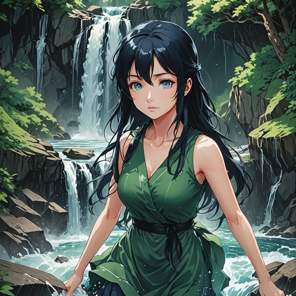 Anime Girl at Waterfall in Cel-Shaded Manga Style