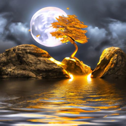 Golden Tree in Lake at Dawn with Thunderbolt