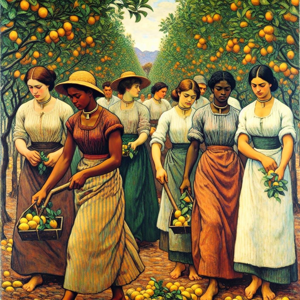 Women Working in Lemon Grove: Post-Impressionist Style