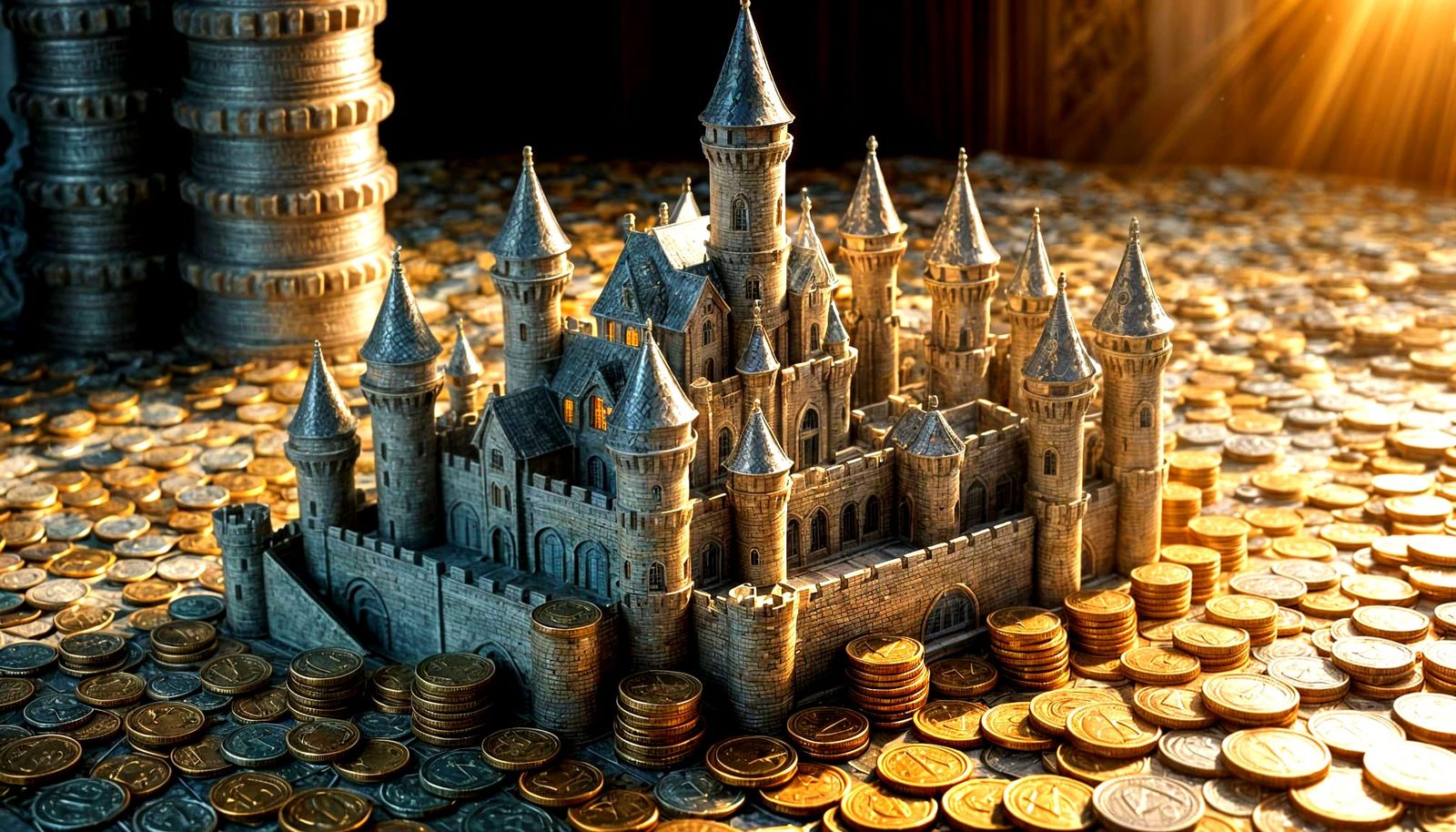 Majestic Castle of Banknotes Over Coin Landscape