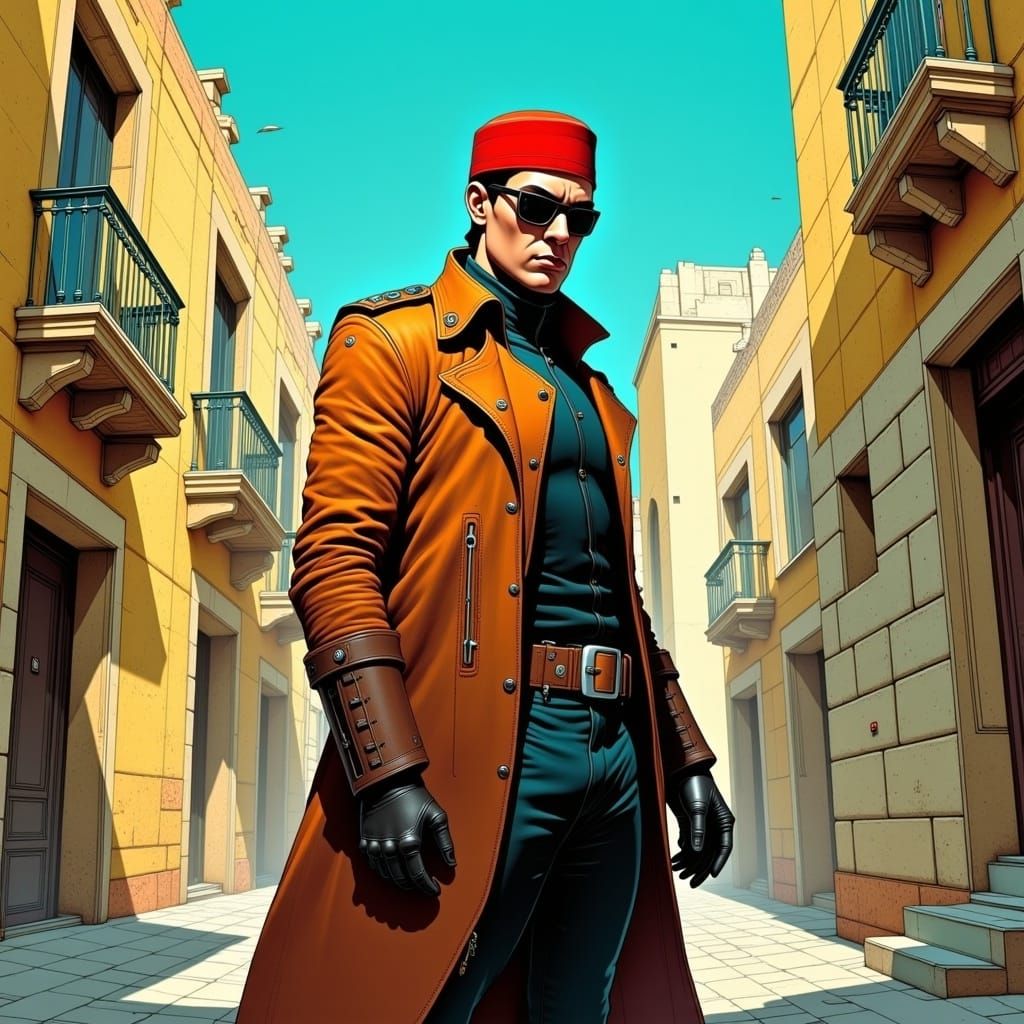 Pickpocket in Greek Alleyway, Moebius Line Art