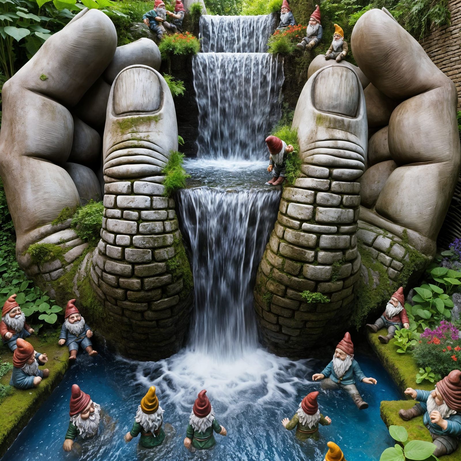 Enchanting Garden Waterfall Held by Stone Hands
