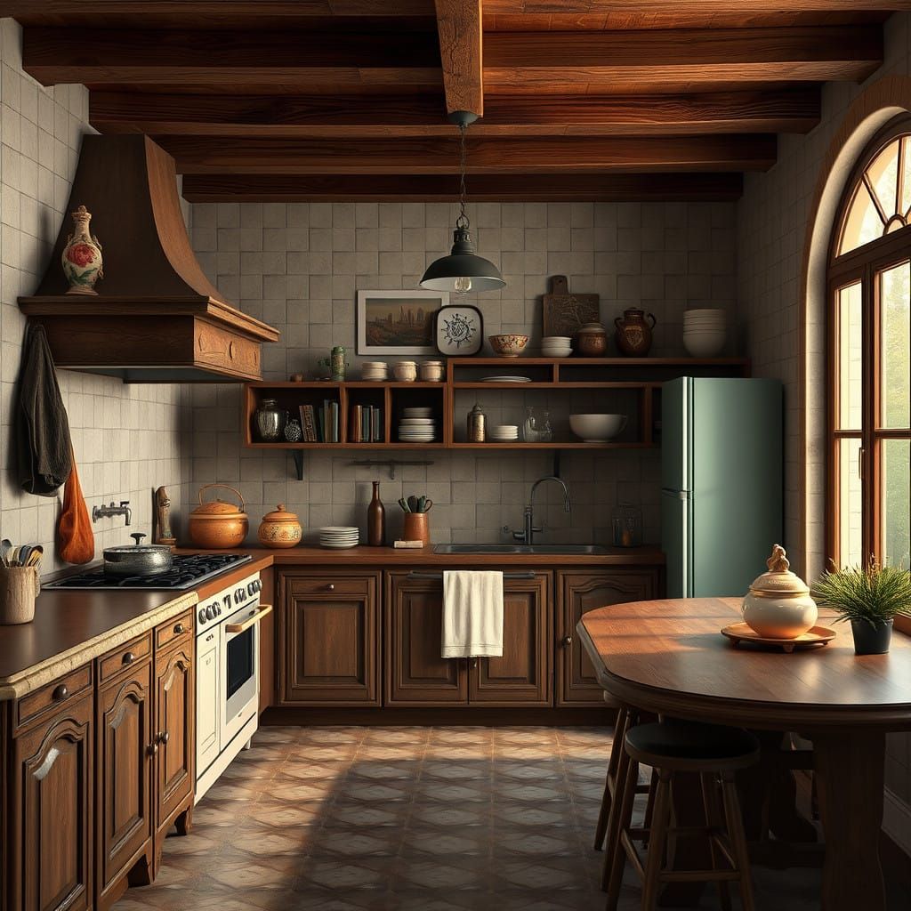 Elegant Italian Kitchen in Dreamlike Matte Painting Style