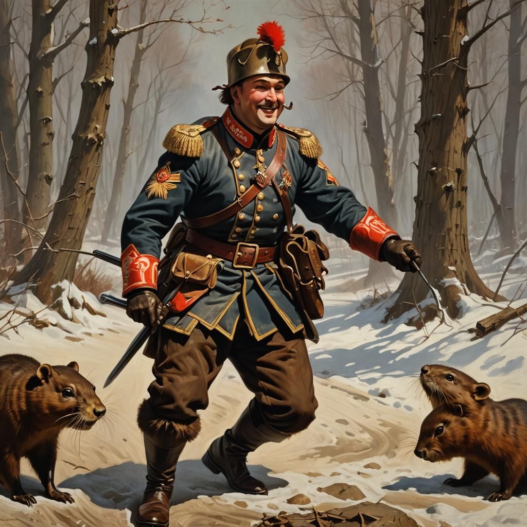 Happy Hussar Hugs Beaver in Pin-Up Style