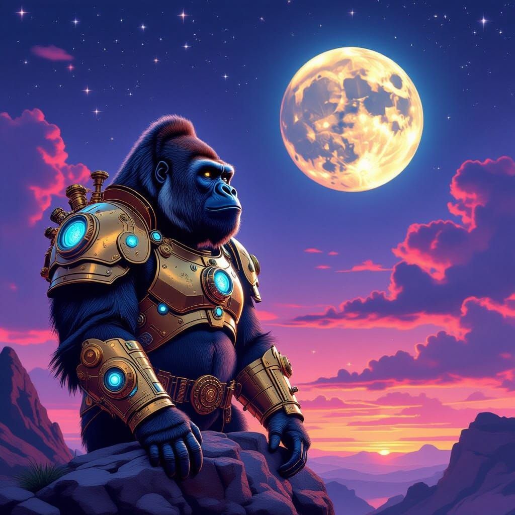 Majestic Gorilla in Steampunk Armor Gazing at Full Moon