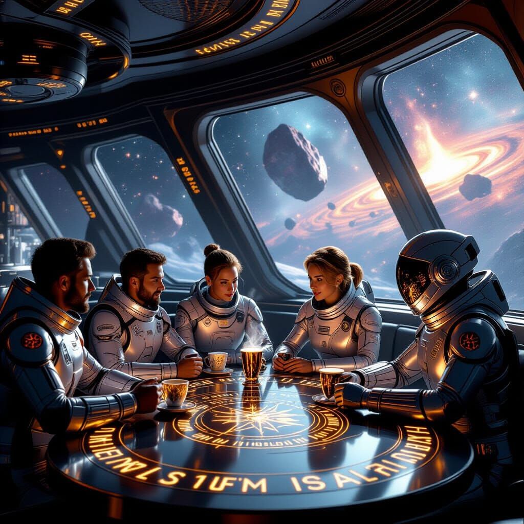 Cosmic Cafe Scene in Classical Oil Painting Style