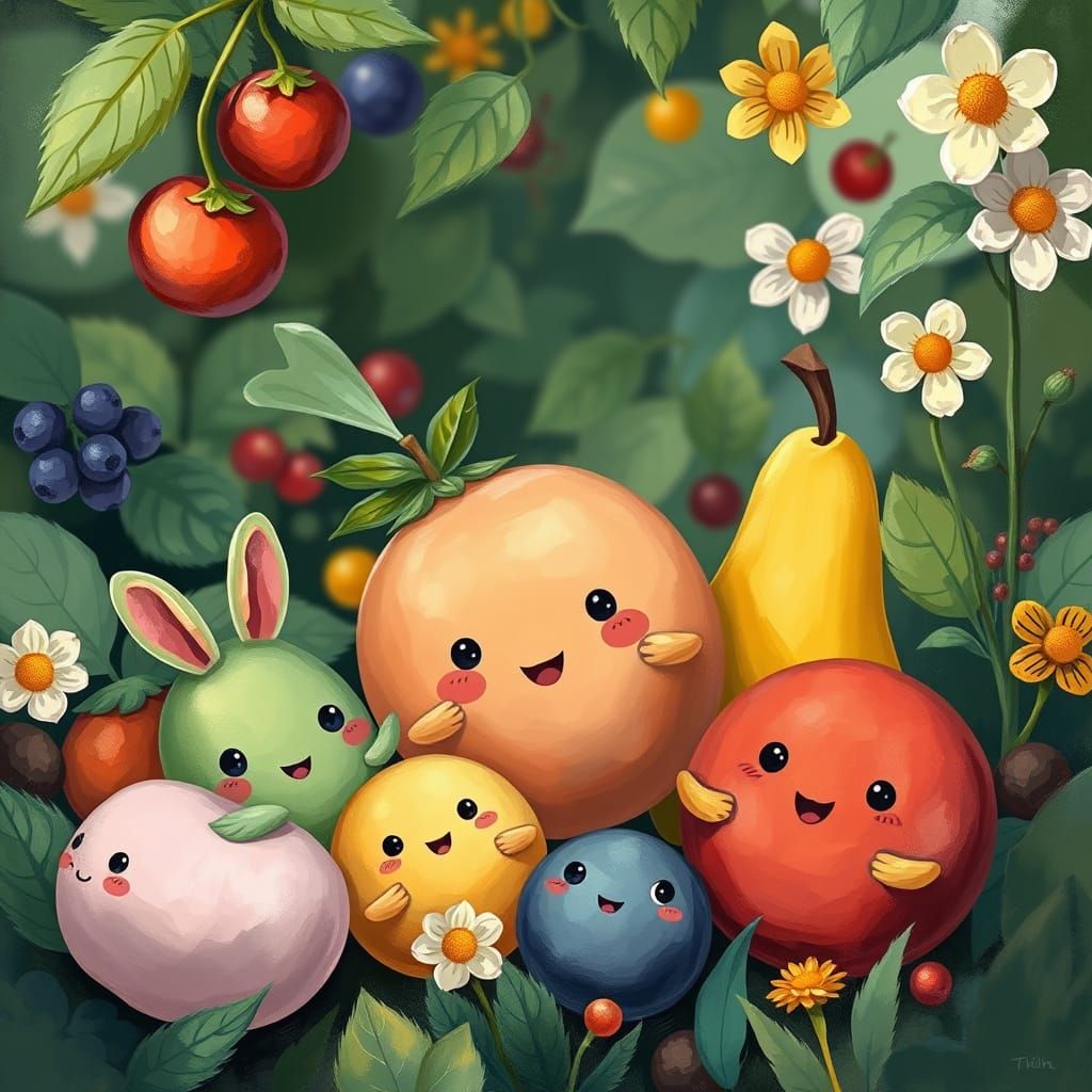 Whimsical Fruit Characters in a Fantastical Garden