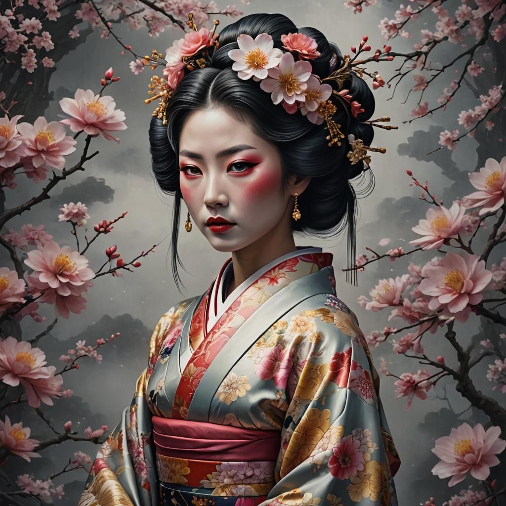 Geisha in Surreal Bloom: A Digital Art Portrait