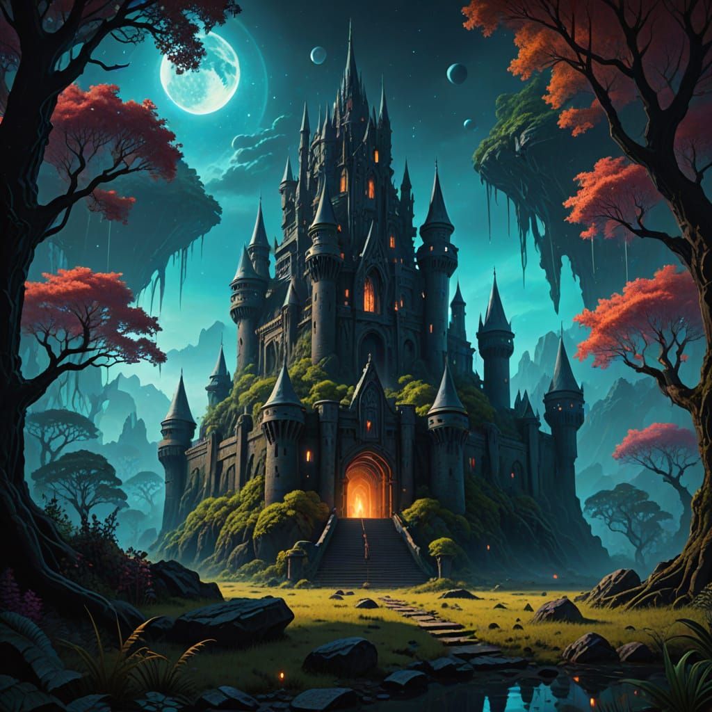 Ancient Castle in Bioluminescent Forest with Cosmic Energy