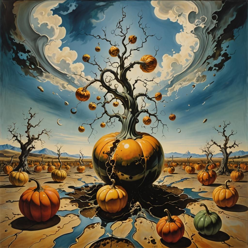 Surreal Landscape with Elastic Flora and Floating Gourds