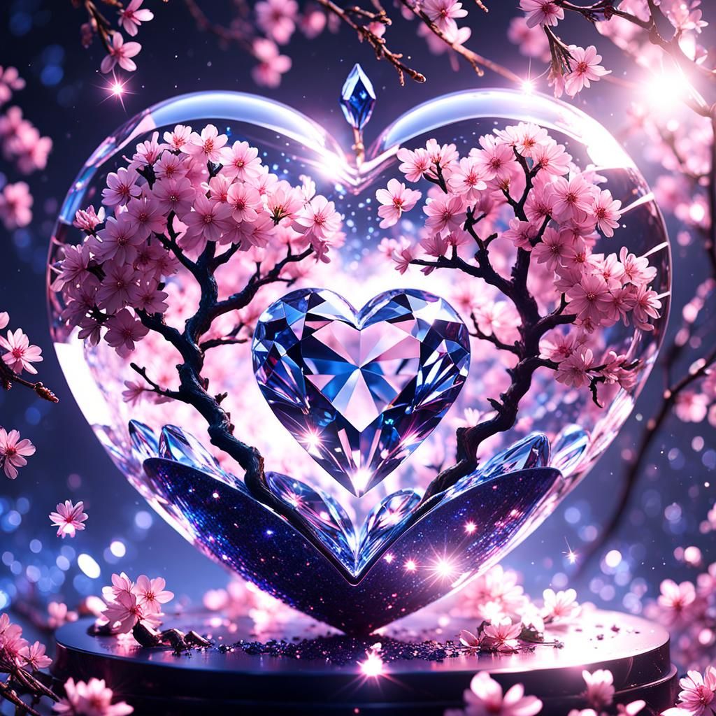 Crystal Heart with Sakura Tree in Chiaroscuro