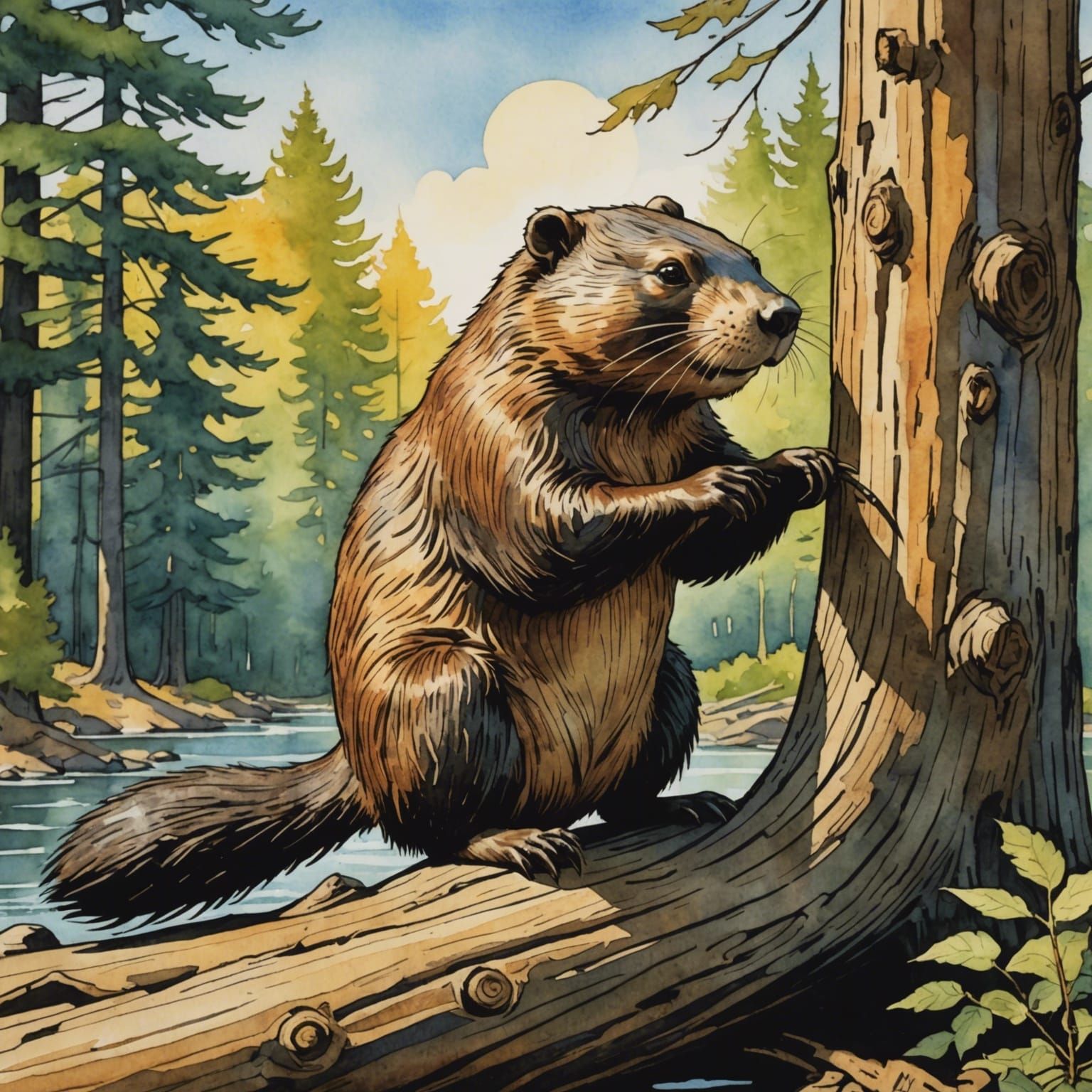 Beaver Felling Tree: Golden Age Comic Watercolor