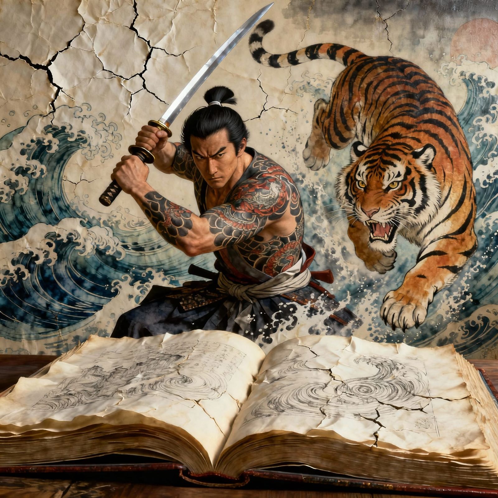 Samurai Drawing Sword Amidst Waves and Tiger, Oil Painting S...