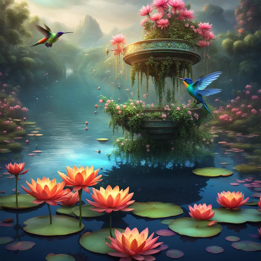 Hummingbird on Fantastical Flower, Unreal Engine Art