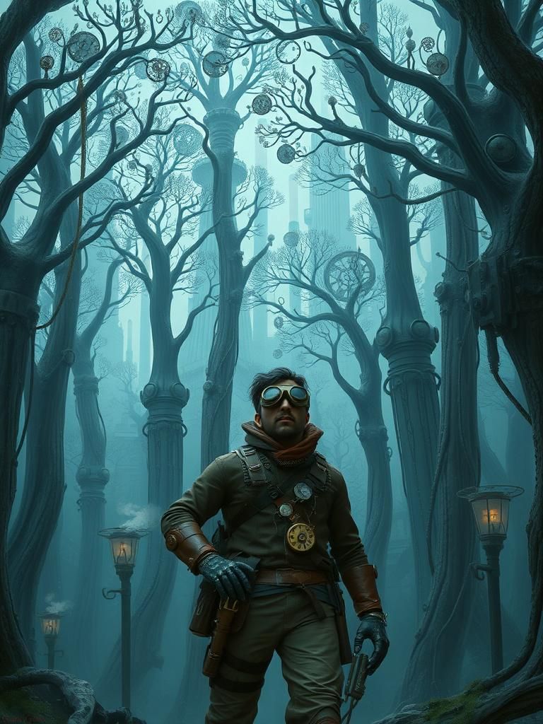 Steampunk Explorer in Mechanical Forest Enclave