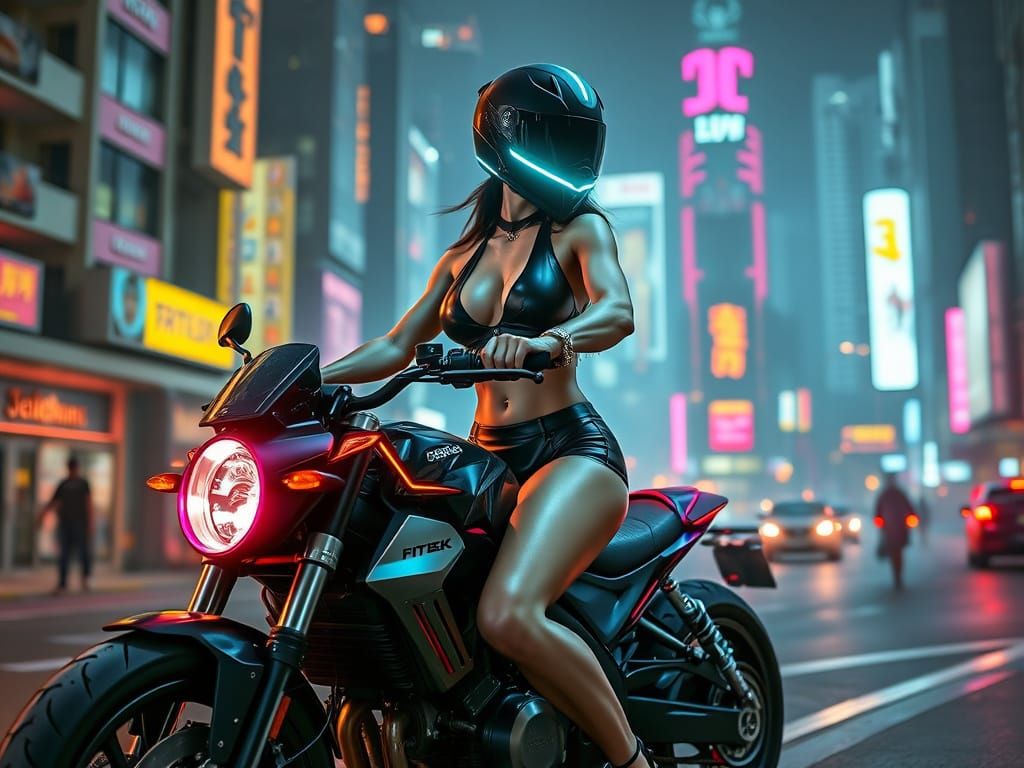 Cyberpunk Biker in Neon Cityscape