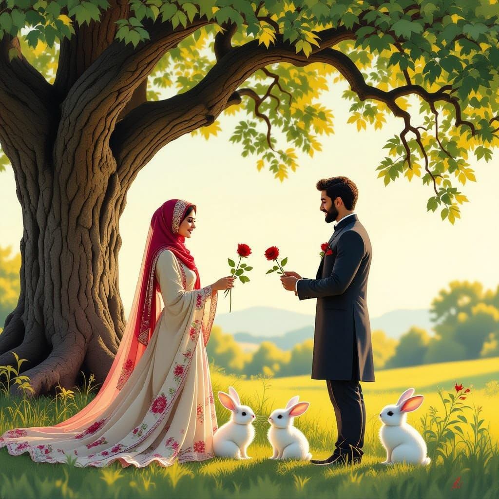 Romantic Encounter Under an Oak Tree with White Rabbits