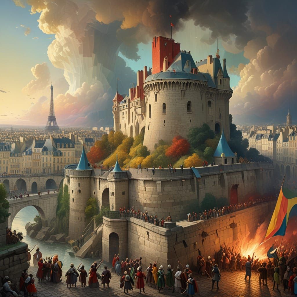 Surreal Cubist Rendering of Bastille's Historic Fall