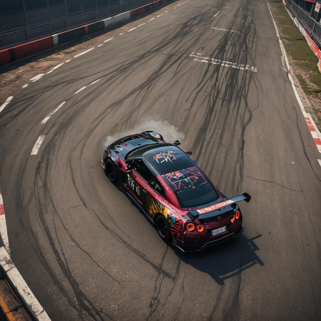 Nissan GTR Drifting on Race Track in Matte Painting Style