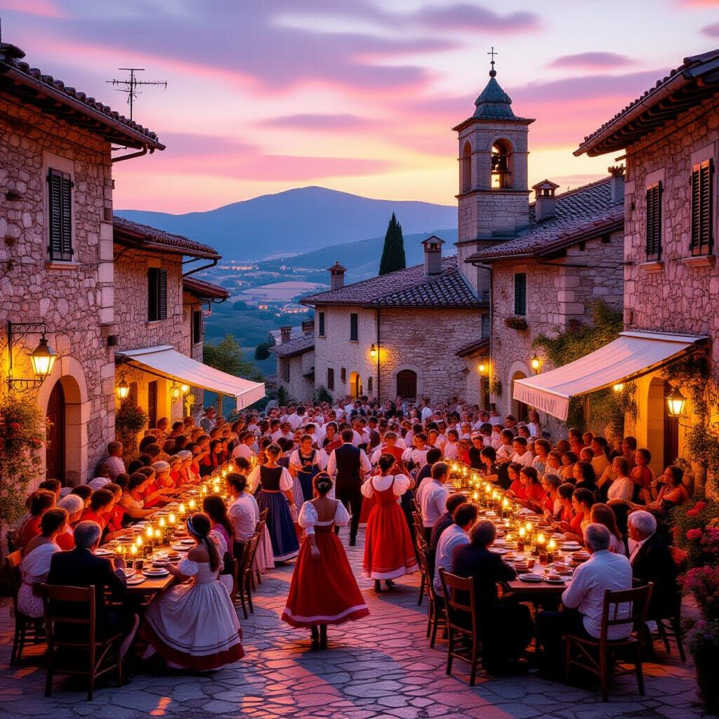 Italian Village Festival at Sunset in Cinematic Style