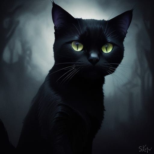 Macabre Black Cat in Eerie, Glowing Script