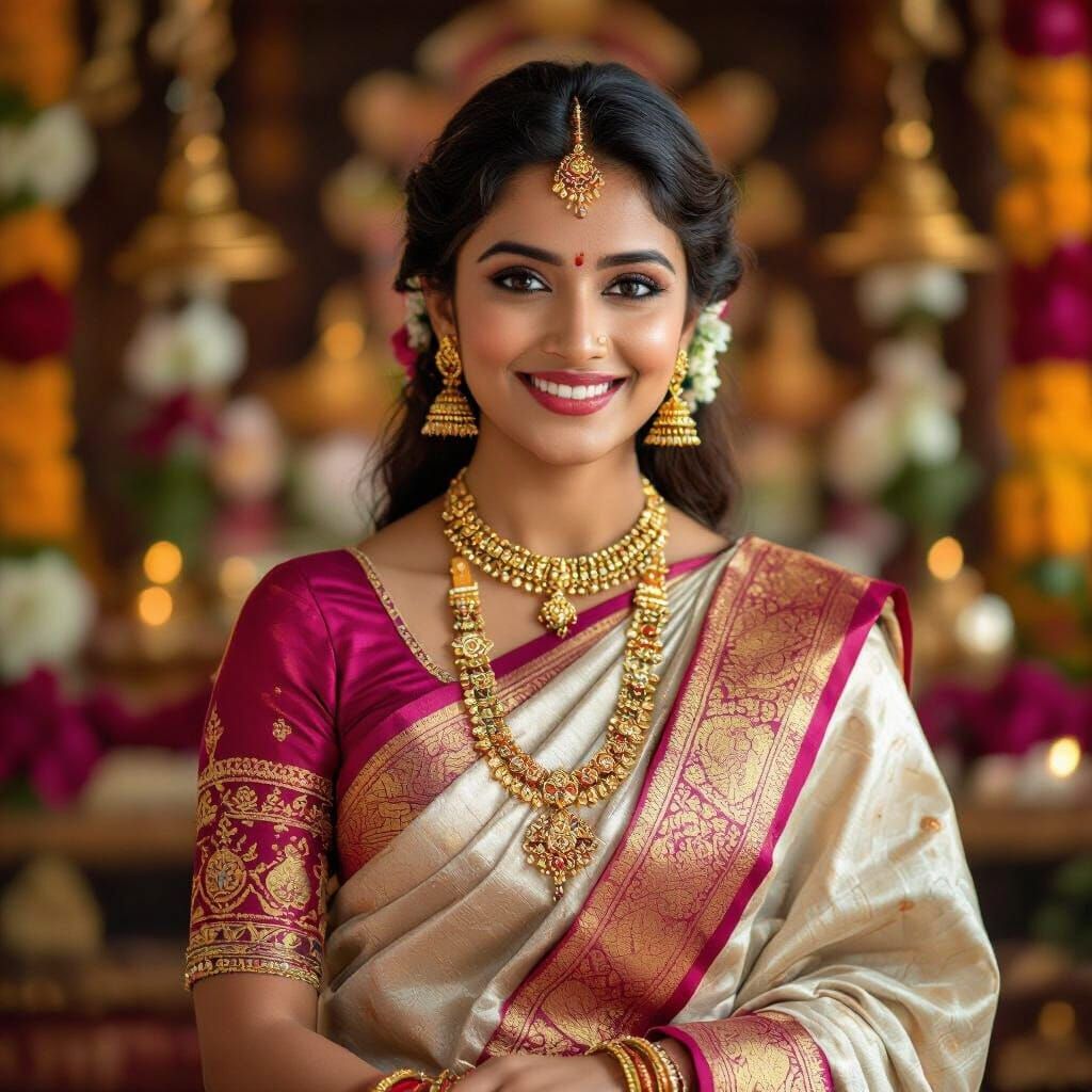 Festive Tamil Woman in Silk Saree: Photorealistic Portrait