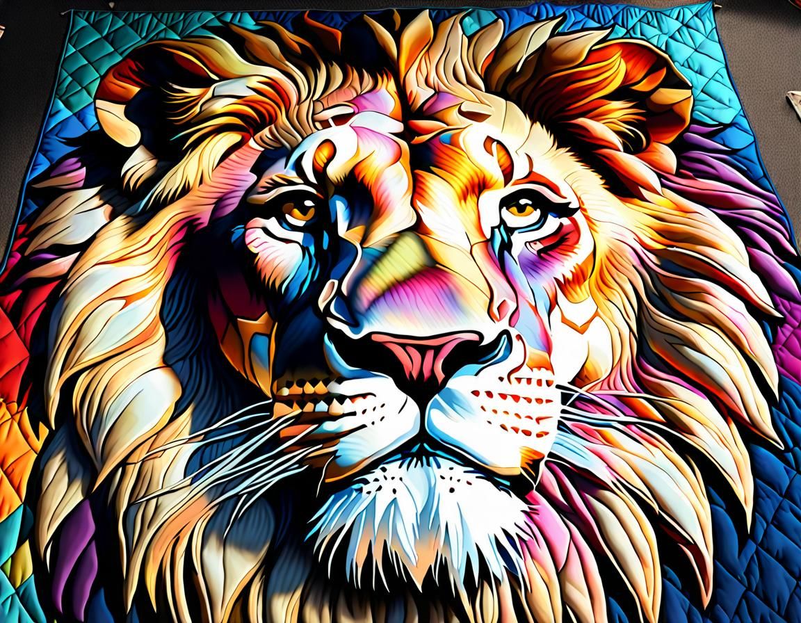 Lion Portrait on Quilted Blanket, Detailed Digital Art