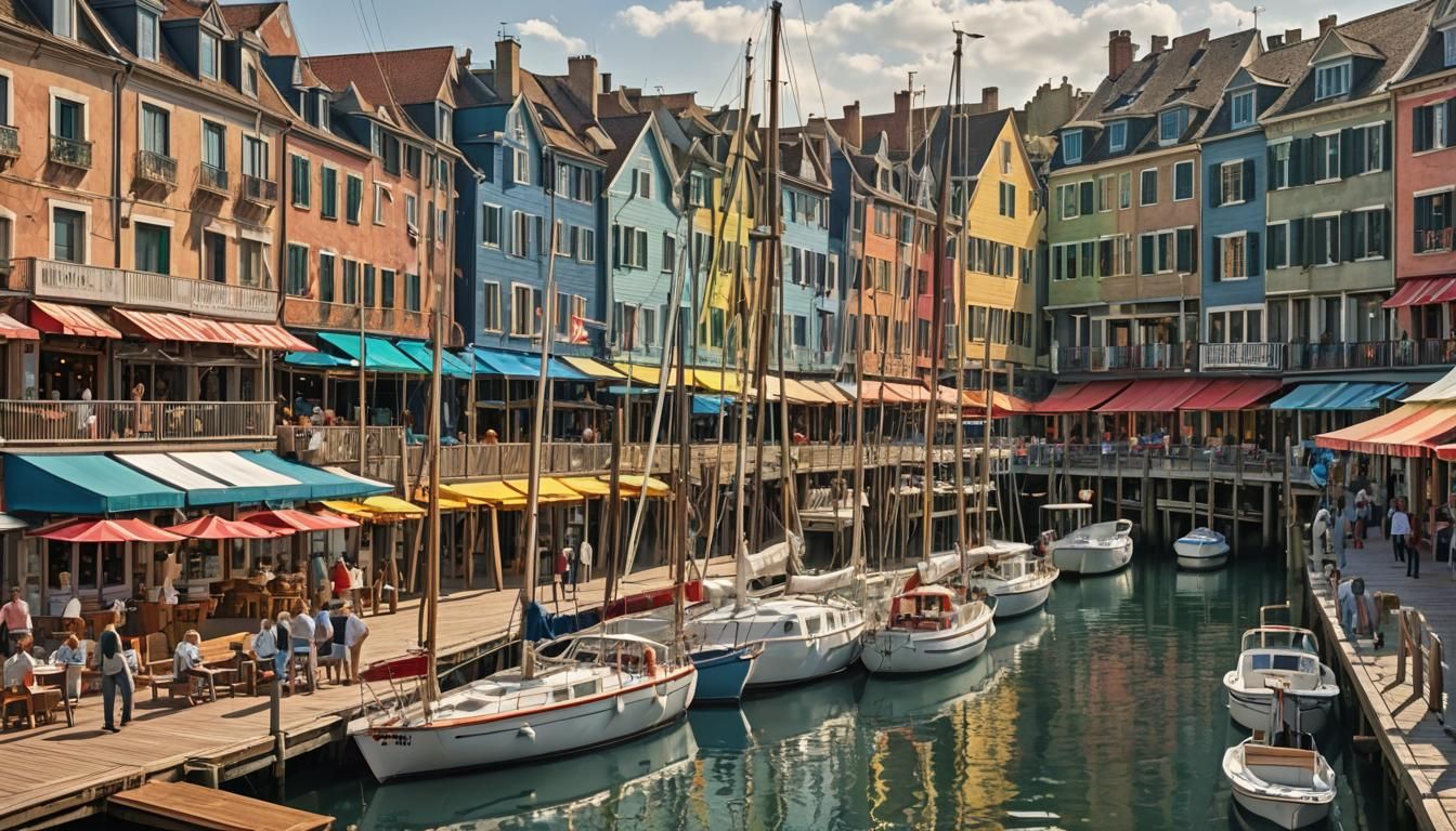 Impressionistic Harbor with Luxury Yachts and Shops