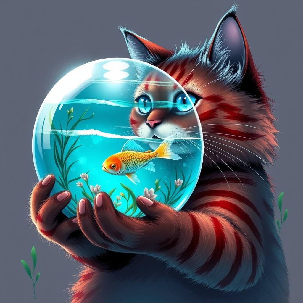 A magnificent cartoon comic cat with big blue eyes and red s...