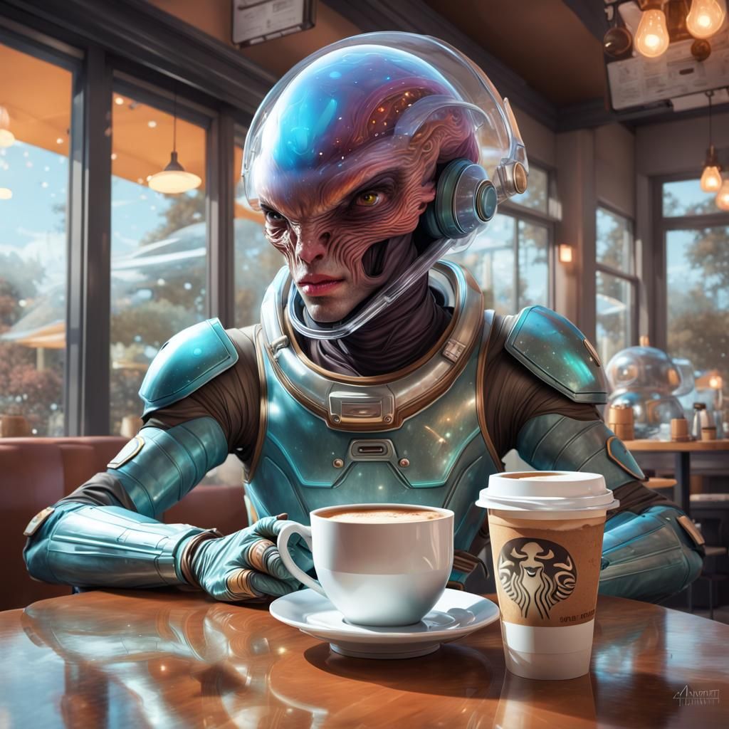 Space Alien at Coffee Shop: Artgerm and Mucha Style