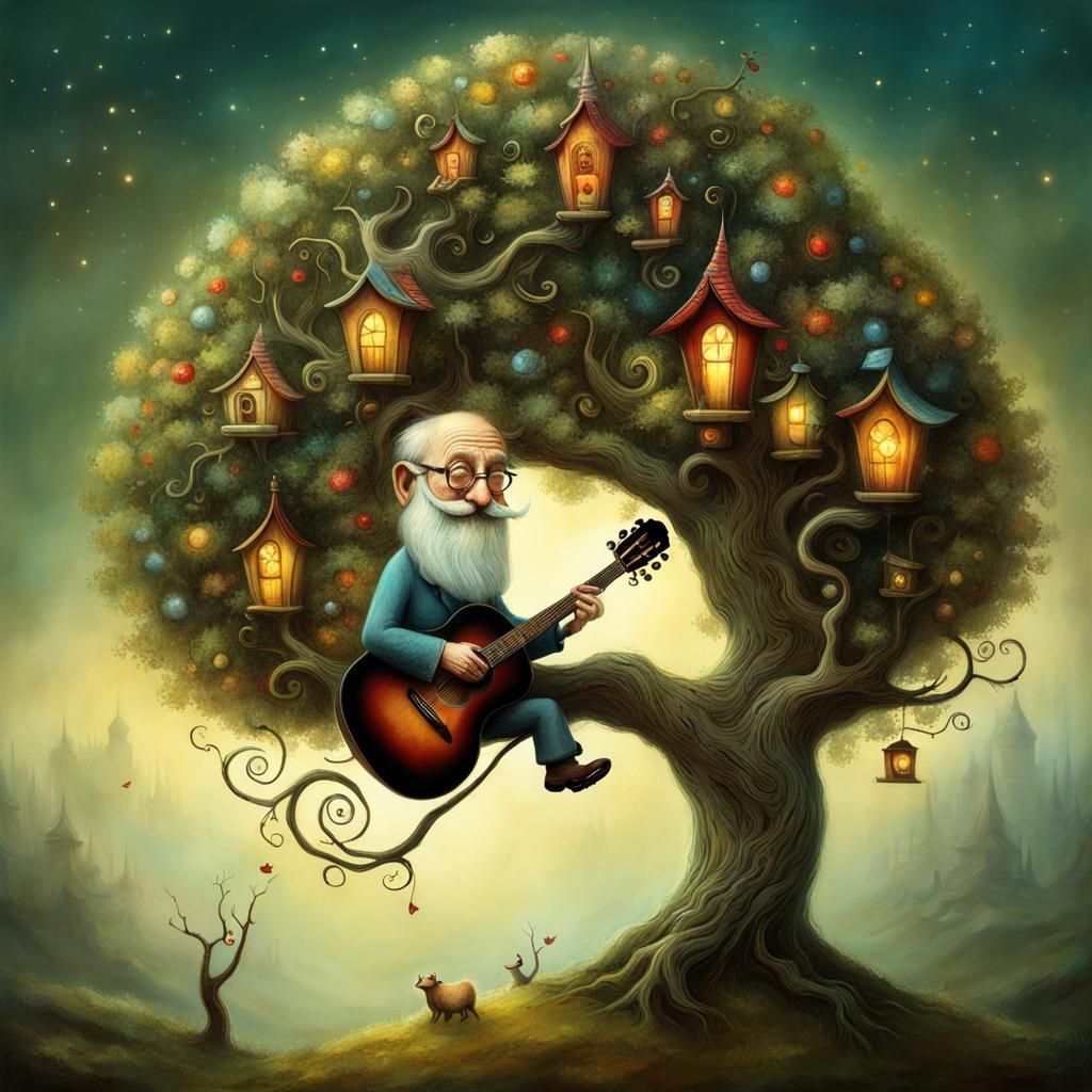 Whimsical Old Man on Tree with Guitar