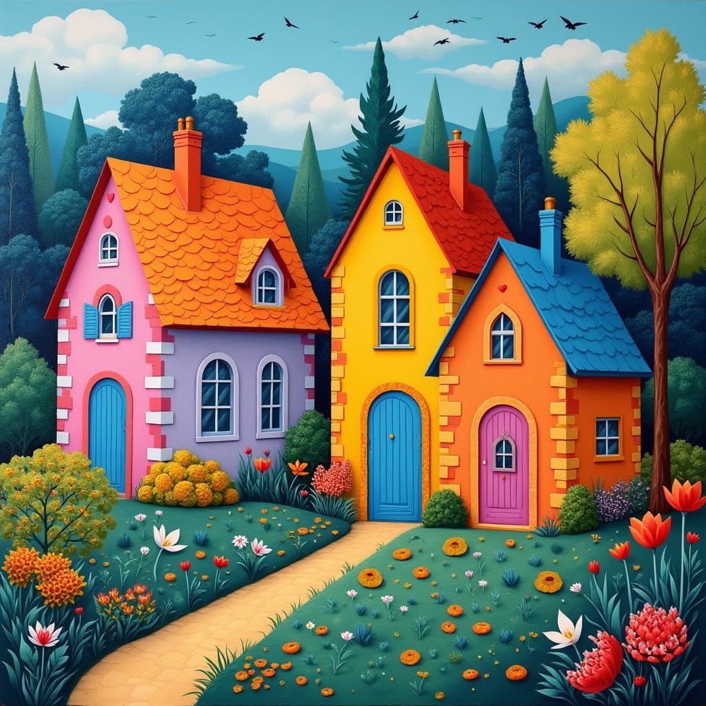 Colorful Stone Houses in Fauvist Modern Art Style