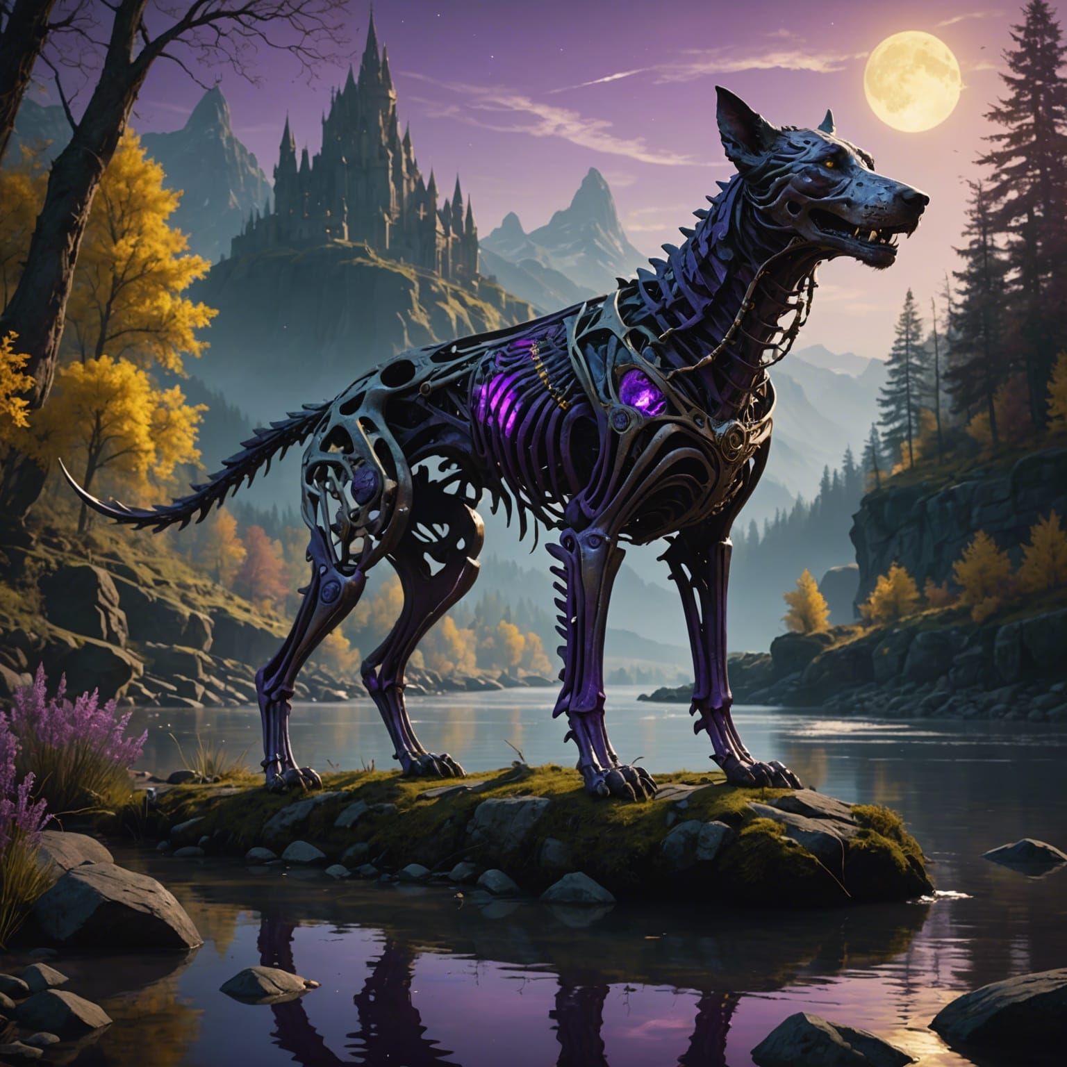 Cosmic Wolfhound Skeleton Guards River in Dark Fantasy Art