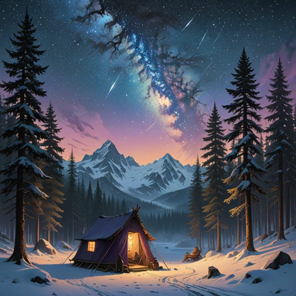 Winter Campsite Amidst Starry Night Sky