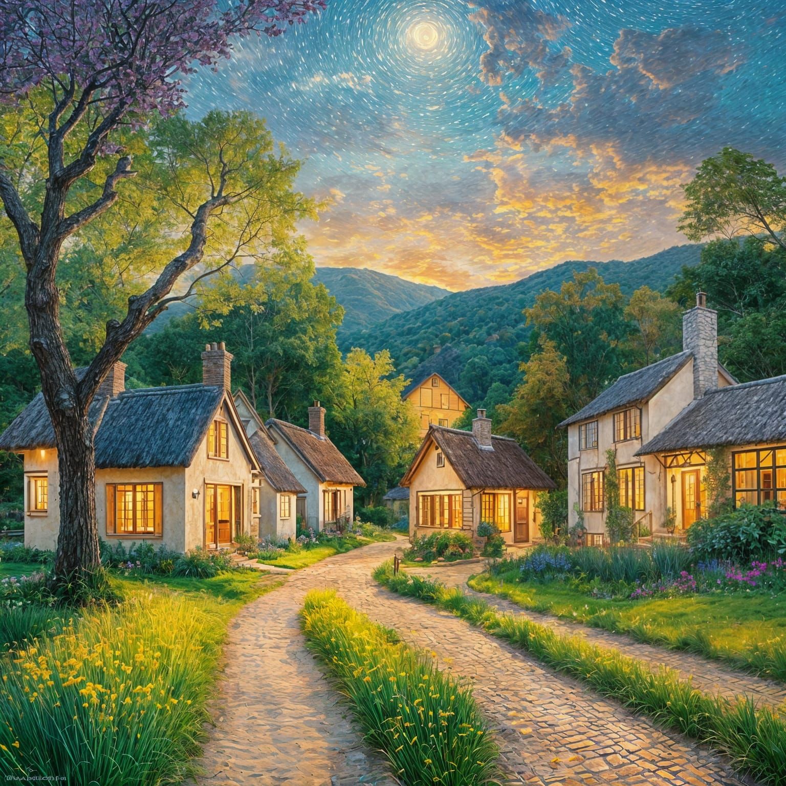 Serene Village at Dusk in Post-Impressionist Style
