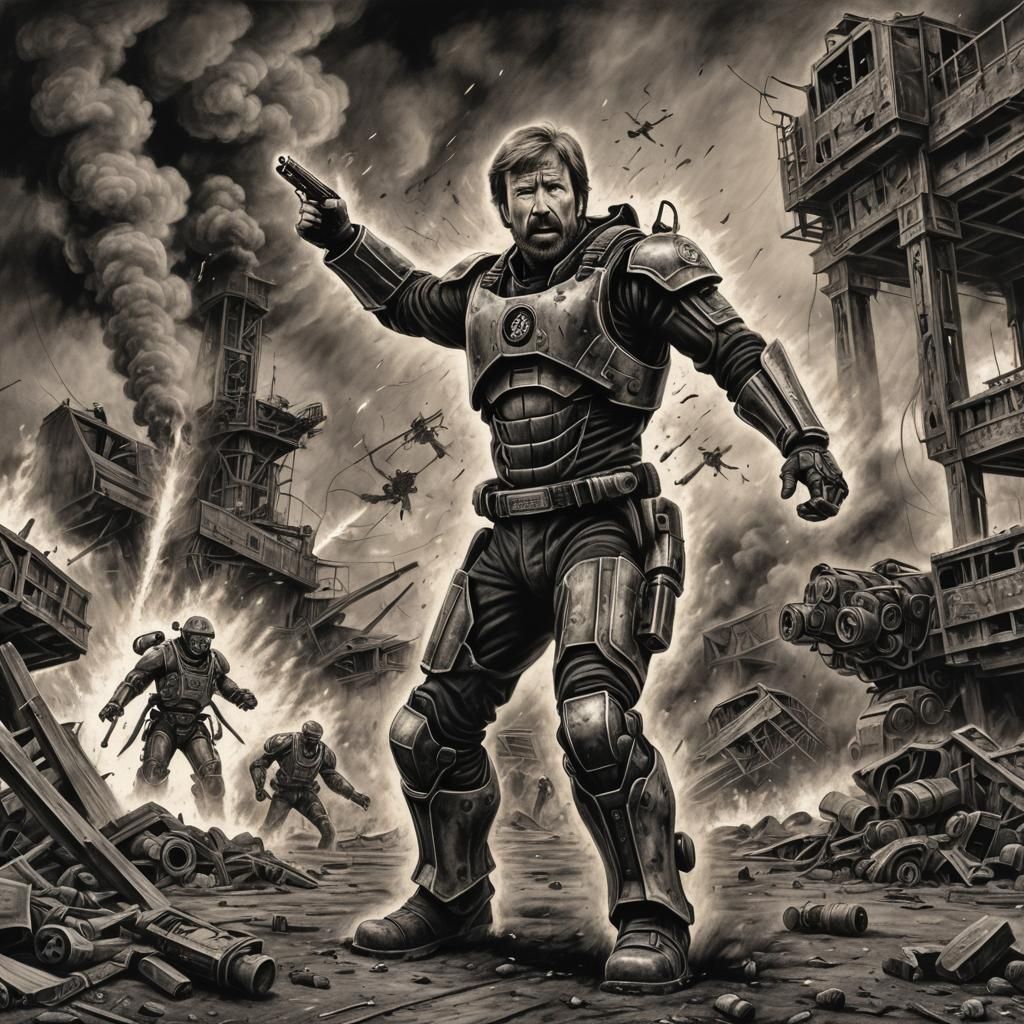Chuck Norris Kicks Robot in Wasteland: Charcoal Drawing