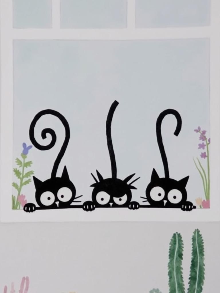 Three Cats in Sunlit Window, Watercolor Illustration