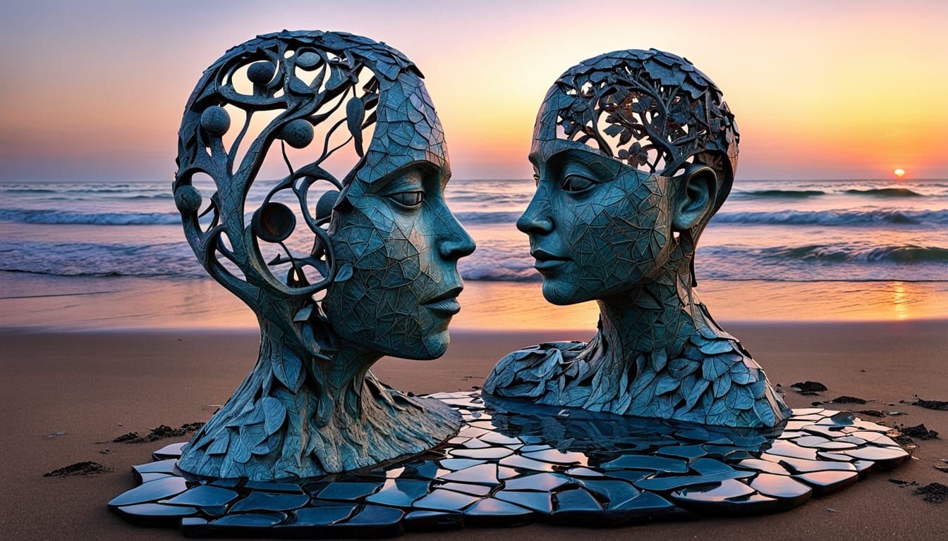 Surreal Sculpture of Seven Women in Cyberpunk Aesthetic