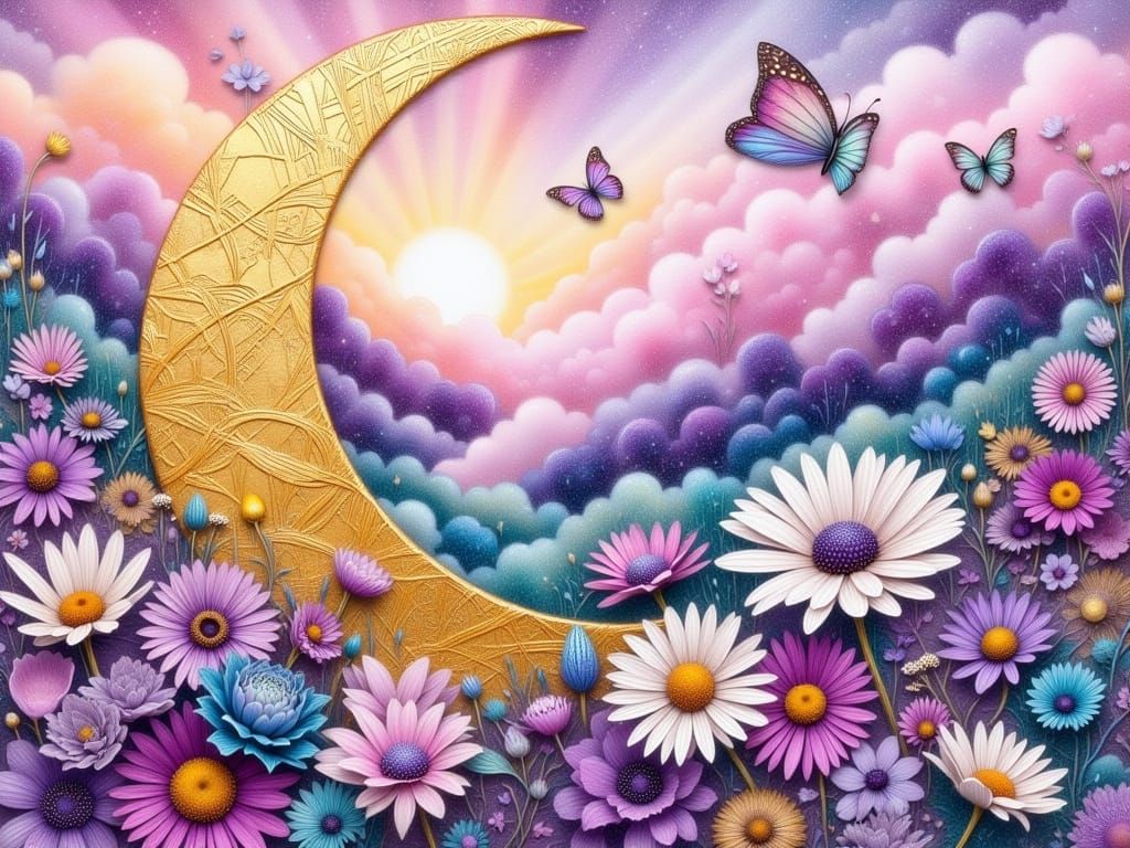 Vibrant Mixed Media Garden Scene with Whimsical Butterflies