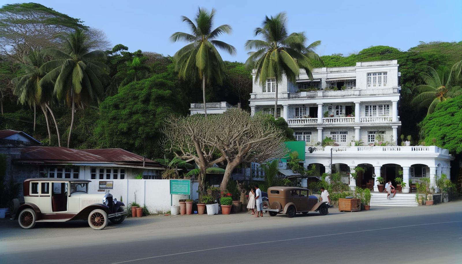 Vintage White Hotel Surrounded by Palm Trees