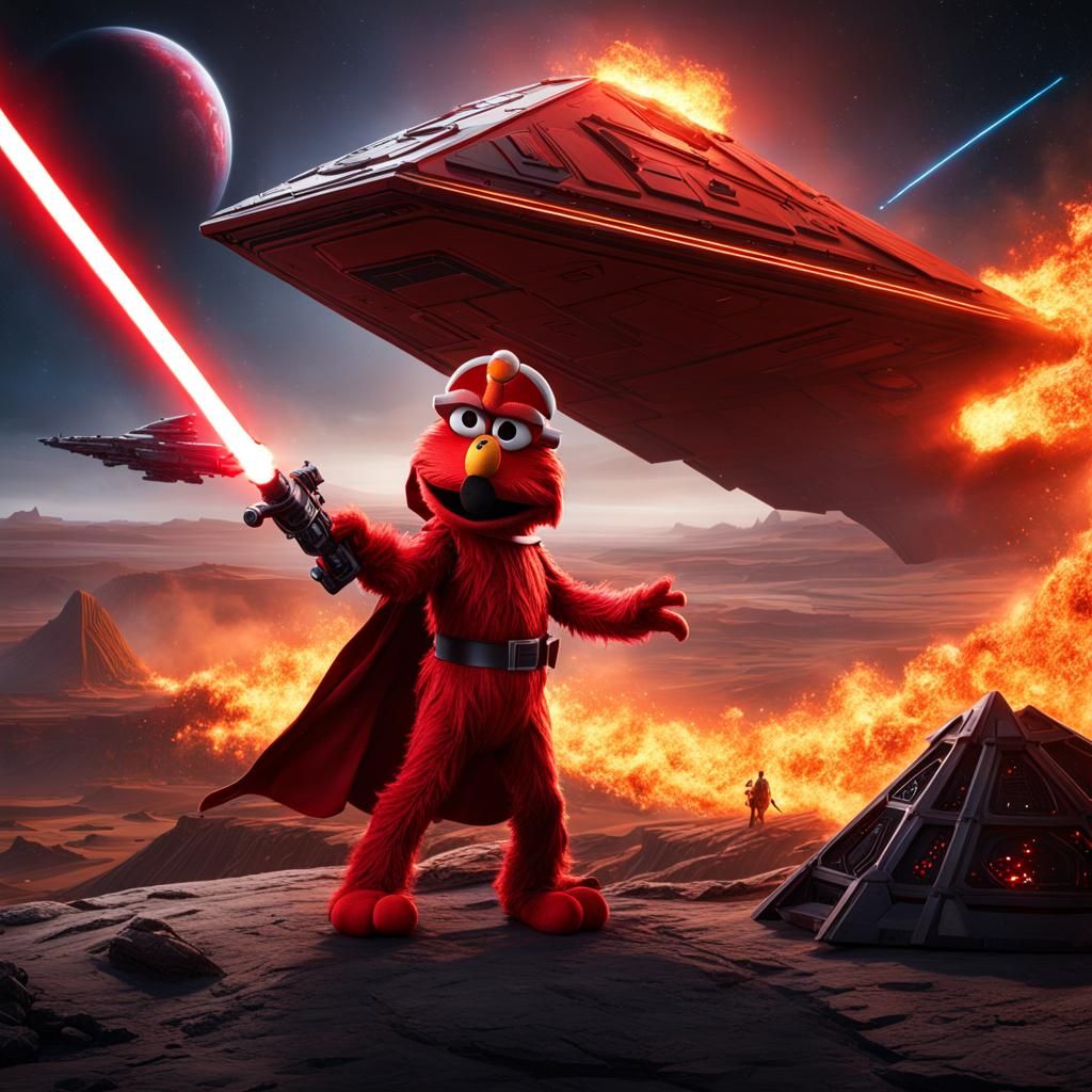 Elmo with Sith Lightsaber and Burning Star Destroyer
