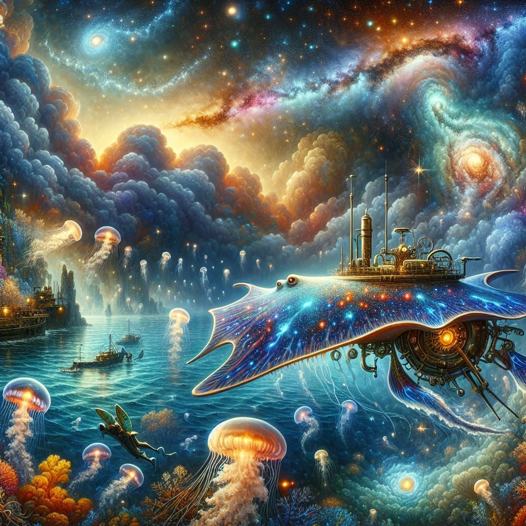 Bioluminescent Steampunk Stingray Submarine in Fantasy Under...