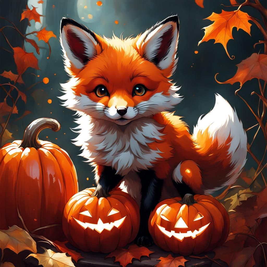 Adorable Red Fox Cub with Pumpkins