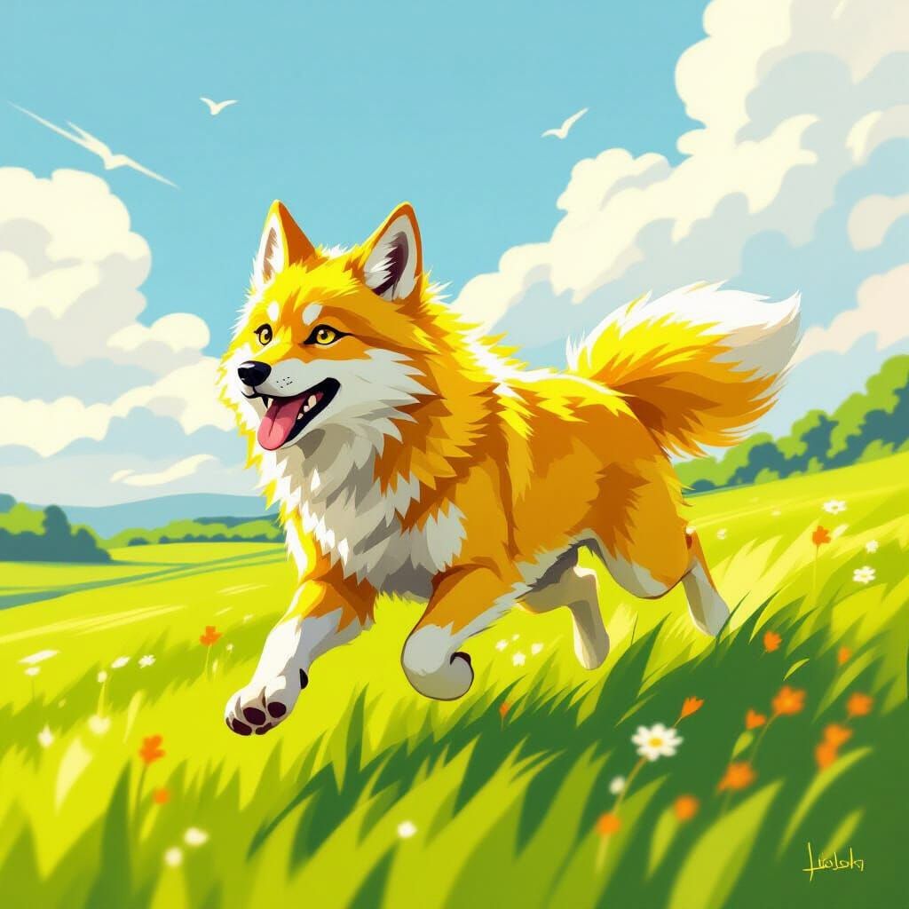 Yellow Wolf Running in Sunny Field, Whimsical Art