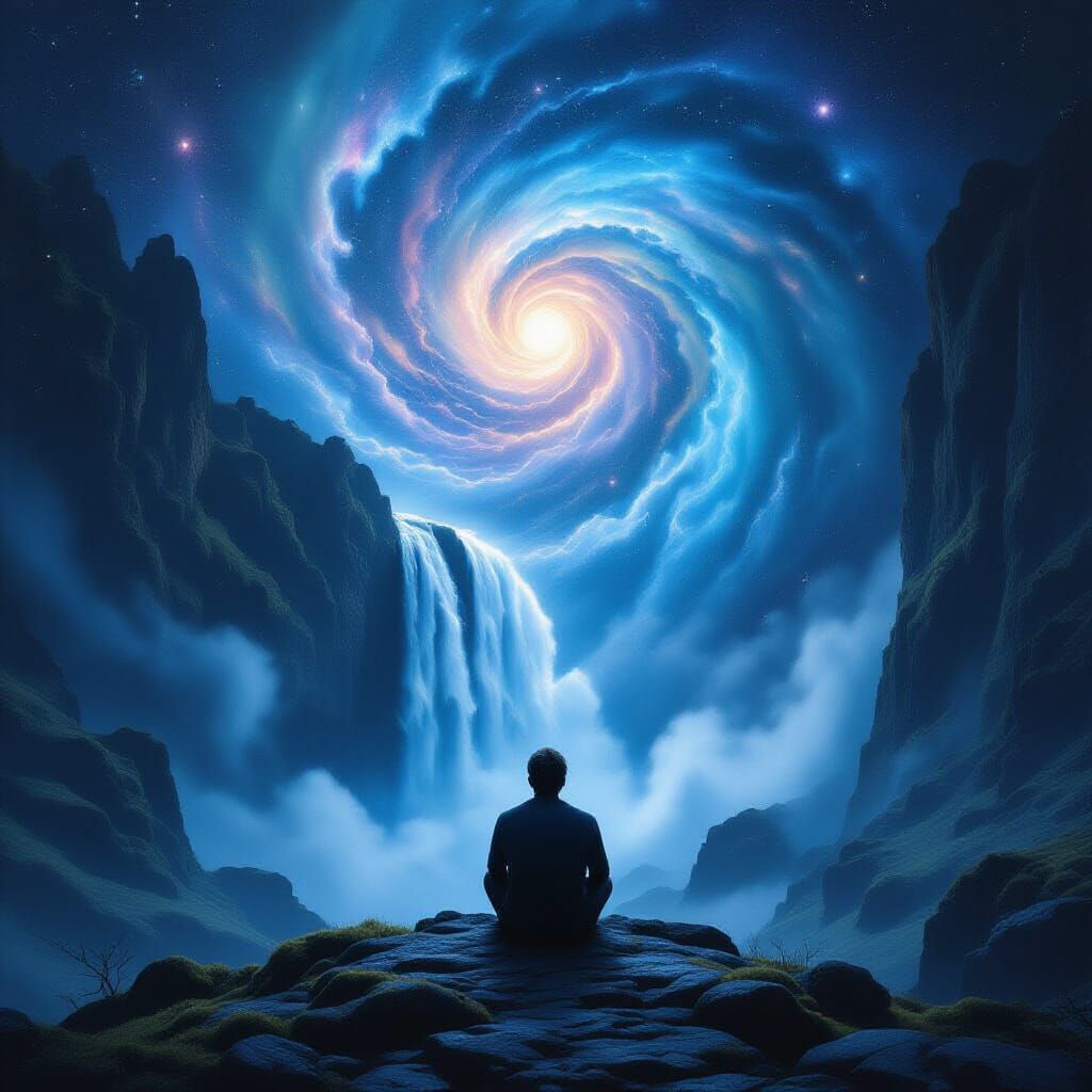 Man Contemplates Cosmic Waterfall in Surreal Landscape