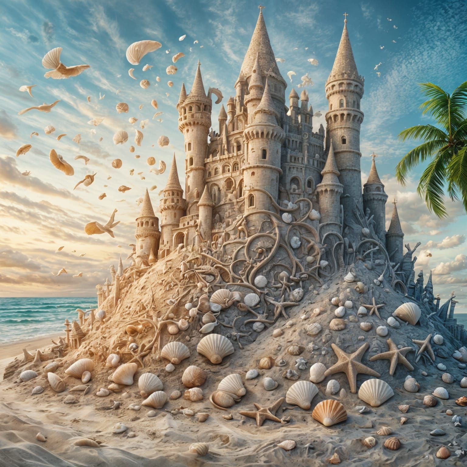 Whimsical Seashell Sandcastle on a Beach