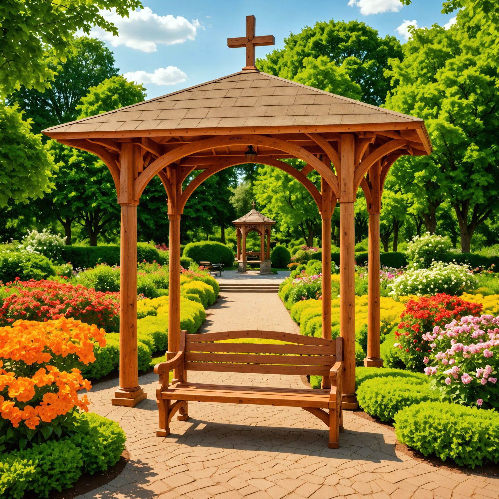 Garden Park Gazebo with Cross in Hyperrealistic Style